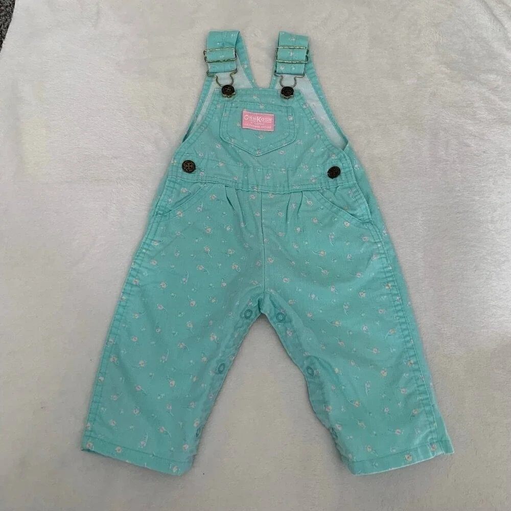 Vintage OshKosh Bgosh Mint Green Floral Corduroy Overalls 12M Made‎ in USA